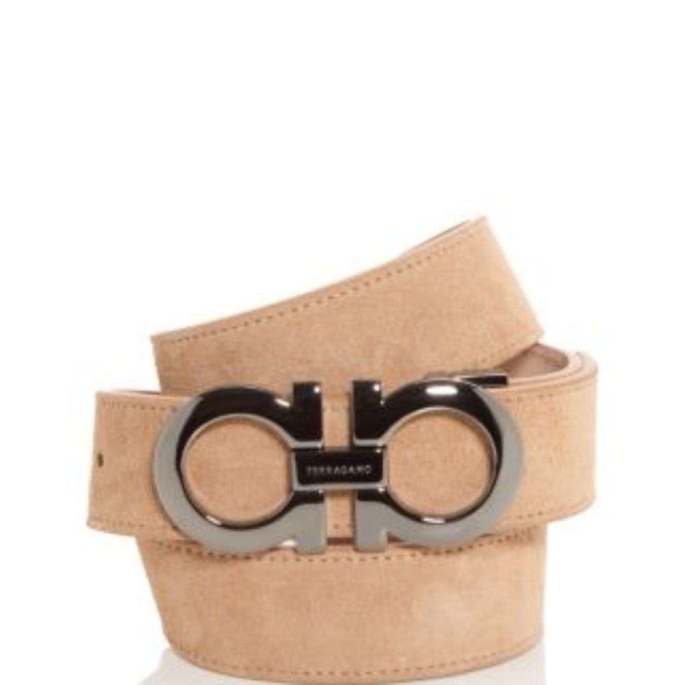 Salvatore Ferragamo  MEN'S DOUBLE GANCINI SUEDE BELT IN LIGHT CAMEL